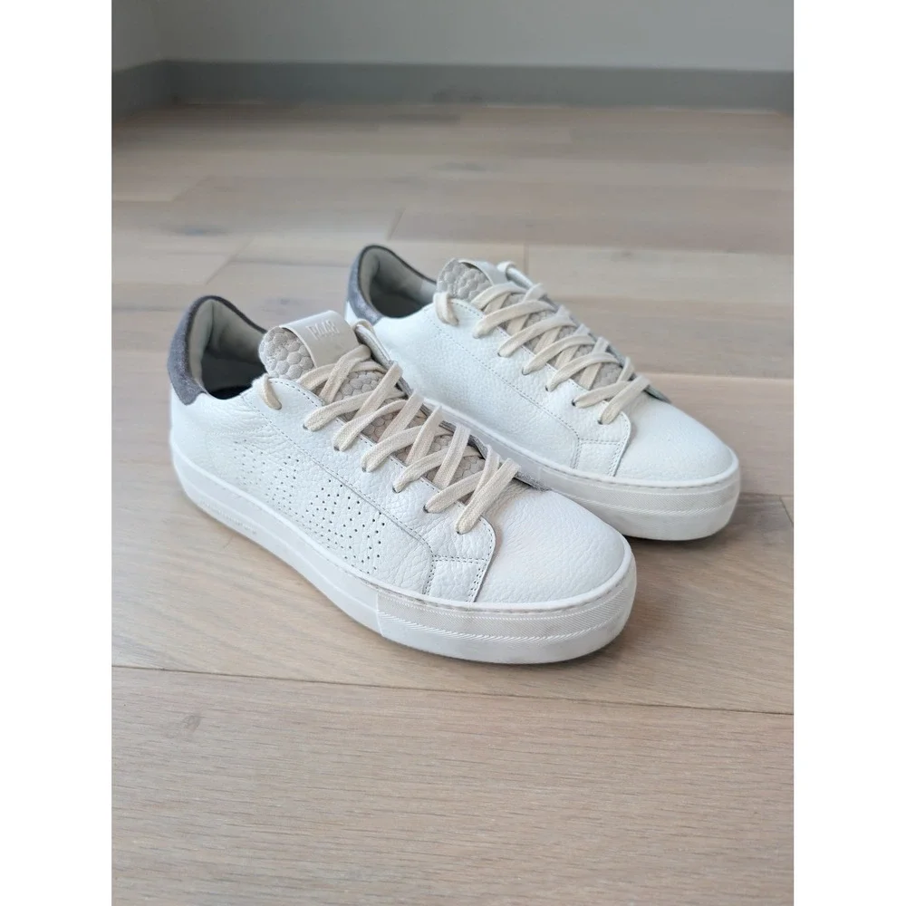 P448 John White Leather Sneakers Gray Suede Low Top US 9/EU 40